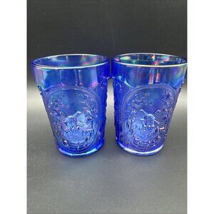 VTG Imperial Glass Carnival Blue Depression Tumbler Windmill Scene Iridescent 4"